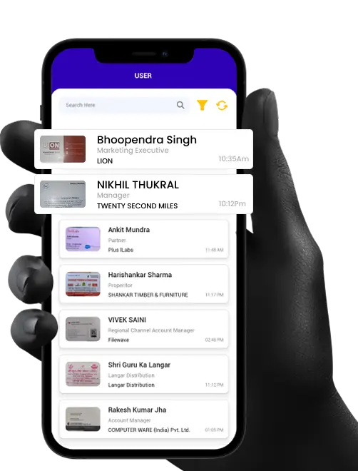 list of scanned business cards in app