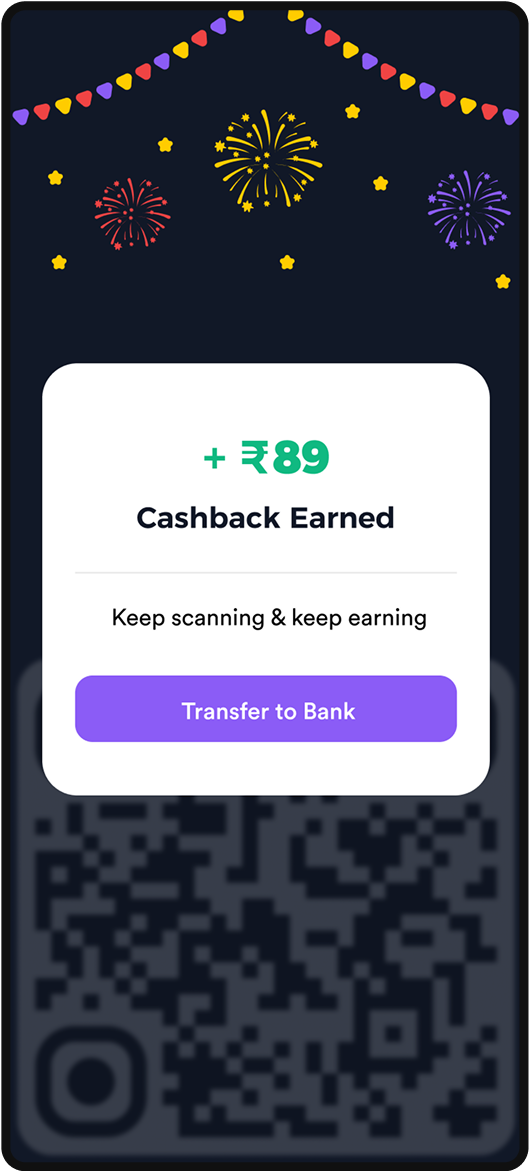 Cashback reward screen displaying earned cashback amount, QR code, and transfer to bank option